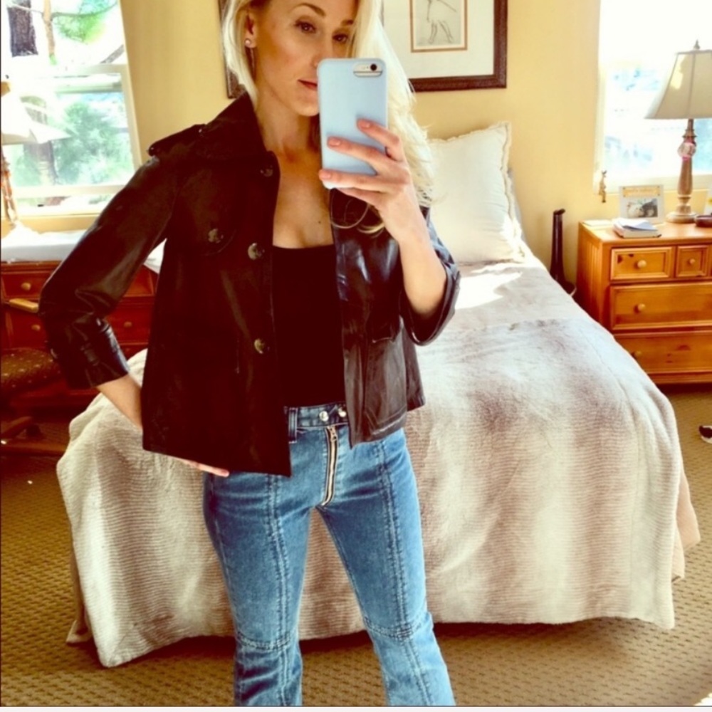 THEORY Black Brown Leather Croped Jacket